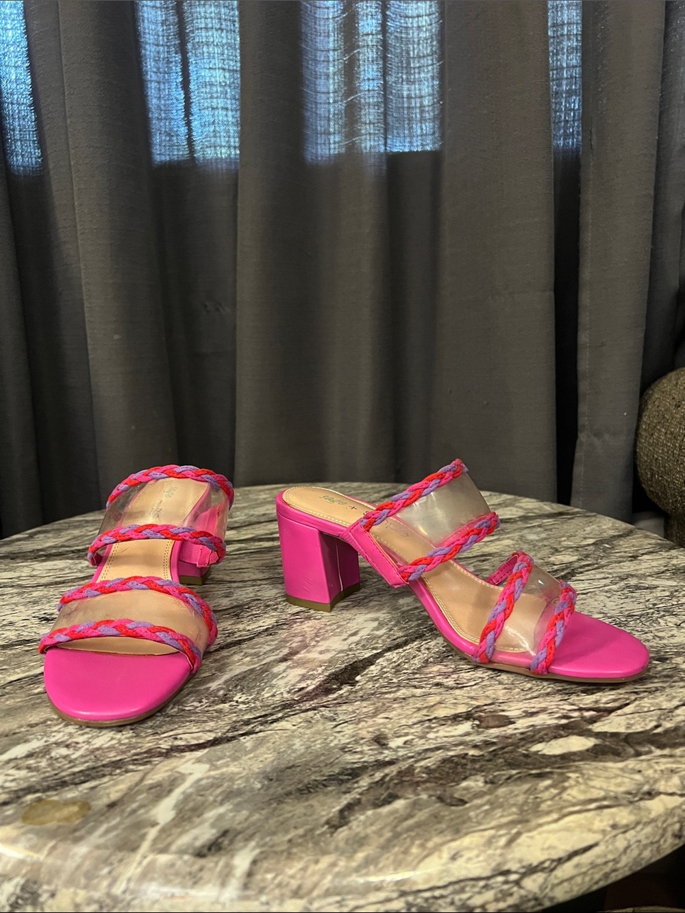 Sage Pink Braided-Trim Clear-Panel Block Heel Sandals